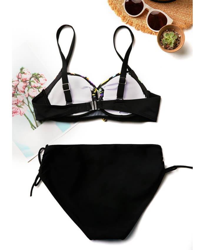 Printed Drawstring Side Spaghetti Strap Black Bikini Set